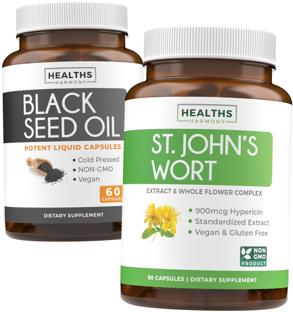 Olje črnega semena & šentjanževka (1-mesečna zaloga) Serena mešanica črnega olja semena (60 kapsul) Nigella Sativa & St. John's Wort (60 kapsul) z močnimi 900mcg Hypericin