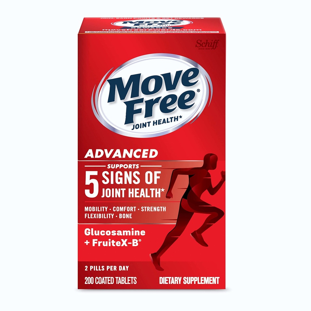 Move Free Advanced Glucosamine Chondroitin + Kalcijev Fructoborate Skupni dodatek za podporo, Podpira mobilnost Comfort Jakost Fleksibilnost in kosti - 200 tablet (100 obrokov)