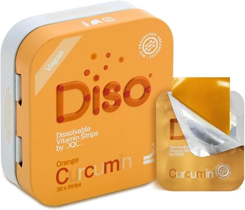 DISO - kurkumin - hitro raztapljajoči Turmerični ustni trakovi, oranžna aroma, veganski, brez sladkorja, največja absorpcija, brez glutena, posamično zaviti, 30 raztapljajoči trakovi