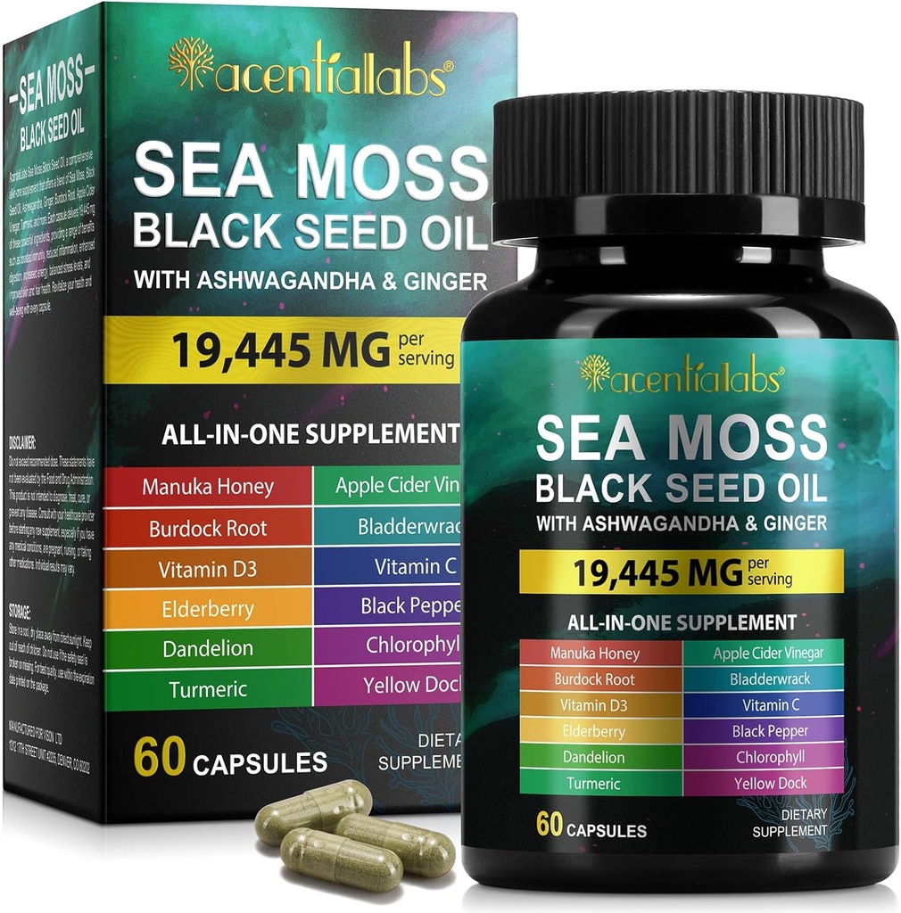 Sea Moss črno seme olje, Sea Moss črno seme olje Ashwagandha ingver kapsule z vitamini Bladderwrack, Burdock koren in več, 60 kapsule