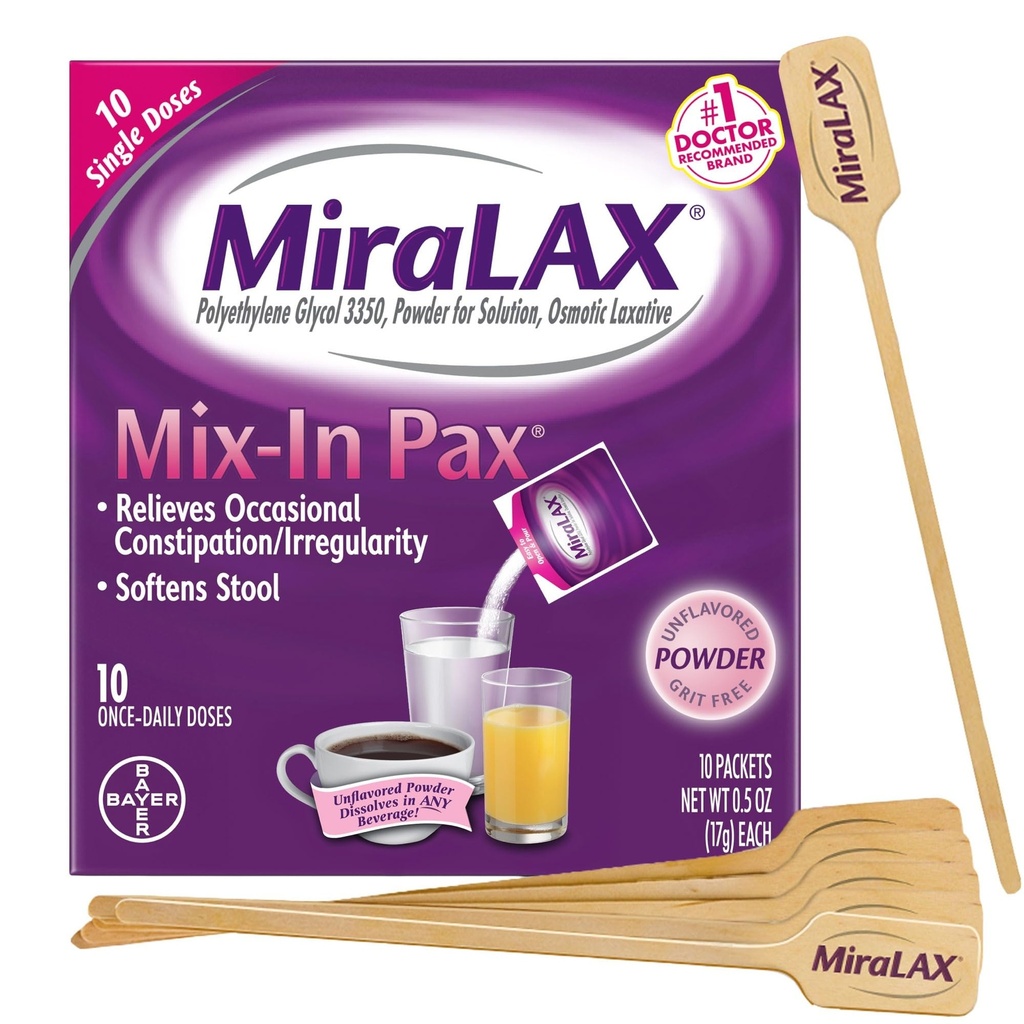 MiralaX Nežna zaprtost Odvajalni prašek, Stool Mehčalo s PEG 3350, Brez škodljivih stranskih učinkov, Enkratni odmerek Zmešajte Pax z mešanjem Stirrerjev, Potovalno pakiranje, 10 odmerkov