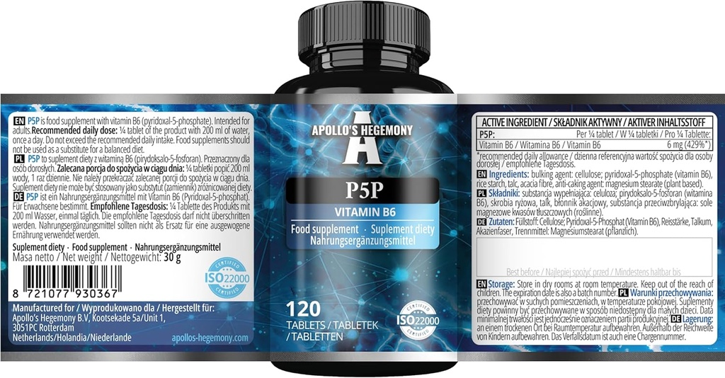 Piridoksal-5-fosfat (P-5-P) 50 mg na tableto - 120 veganskih tablet - dobava za 480 strežnikov - podpira živčne in psihološke funkcije -Vitamin B6 diet dodatek - z Apollovo hegemonijo