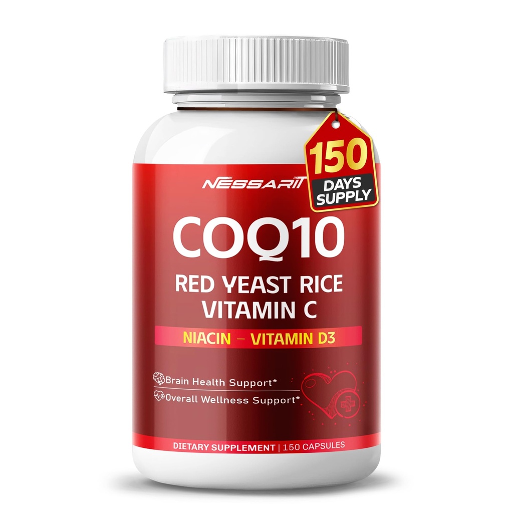 COQ10 + Red Yeast riž dodatek - 10-v-1 naravna mešanica z Omega 3 Vitamin B3, K2, D3, Cinkovo mleko Thistle črna paprika - 150 Count - Made & Tested v ZDA