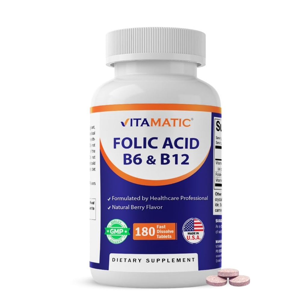 Vitamatska folna kislina, vitamin B12 & B6 – 180 hitro raztopi tablete zdravje srca, proizvodnja energije in podpora rdečih krvnih celic