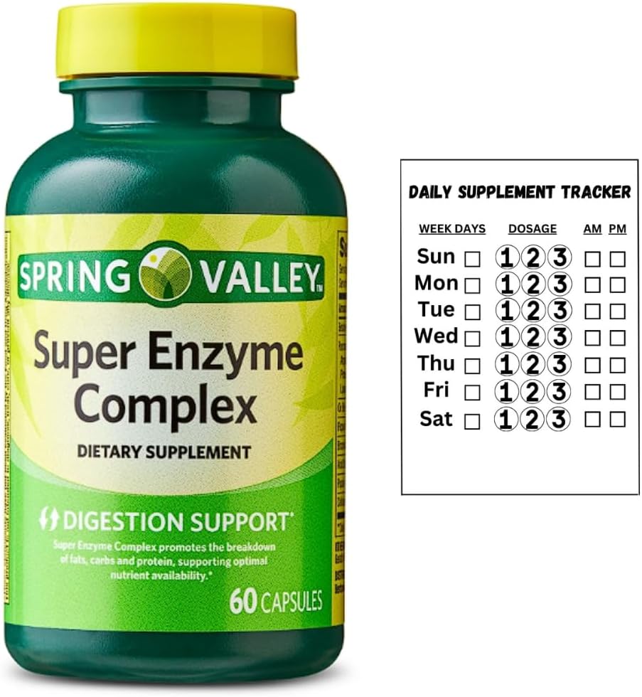 Spring Valley Super Enzyme Complex Prehranska dopolnila za digestivno podporo, 60 Kapsule + Dnevni dodatek Tracker Nalepka