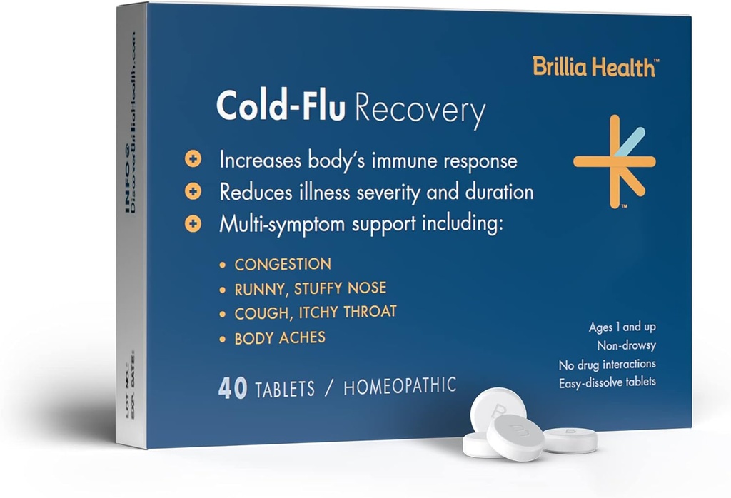 Brillia Health - Cold-Flu Recovery - 40 tablet - homeopatski Cold-Flu Relief - zagotavlja klinično dokazano olajšanje za prehlad, gripo in kašelj - za odrasle in otroke