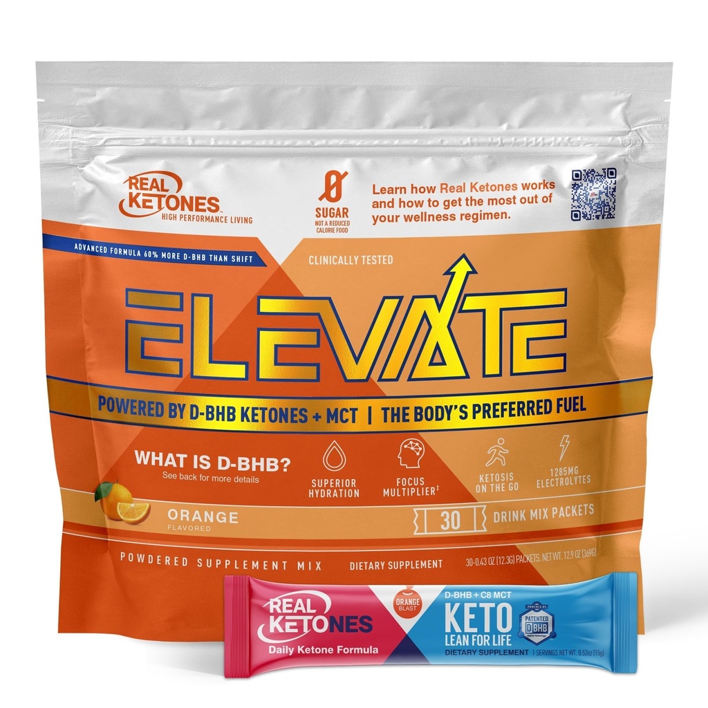 Real Ketones MCT & BHB Exogeni Ketones Drink Mix Packets Dvigajte Keto Elektroliti Powder Packets No Sladkor s 4 Glavni Elektroliti Plus Hidrativni Proprietary Keto BHB - 30 Pack Orange