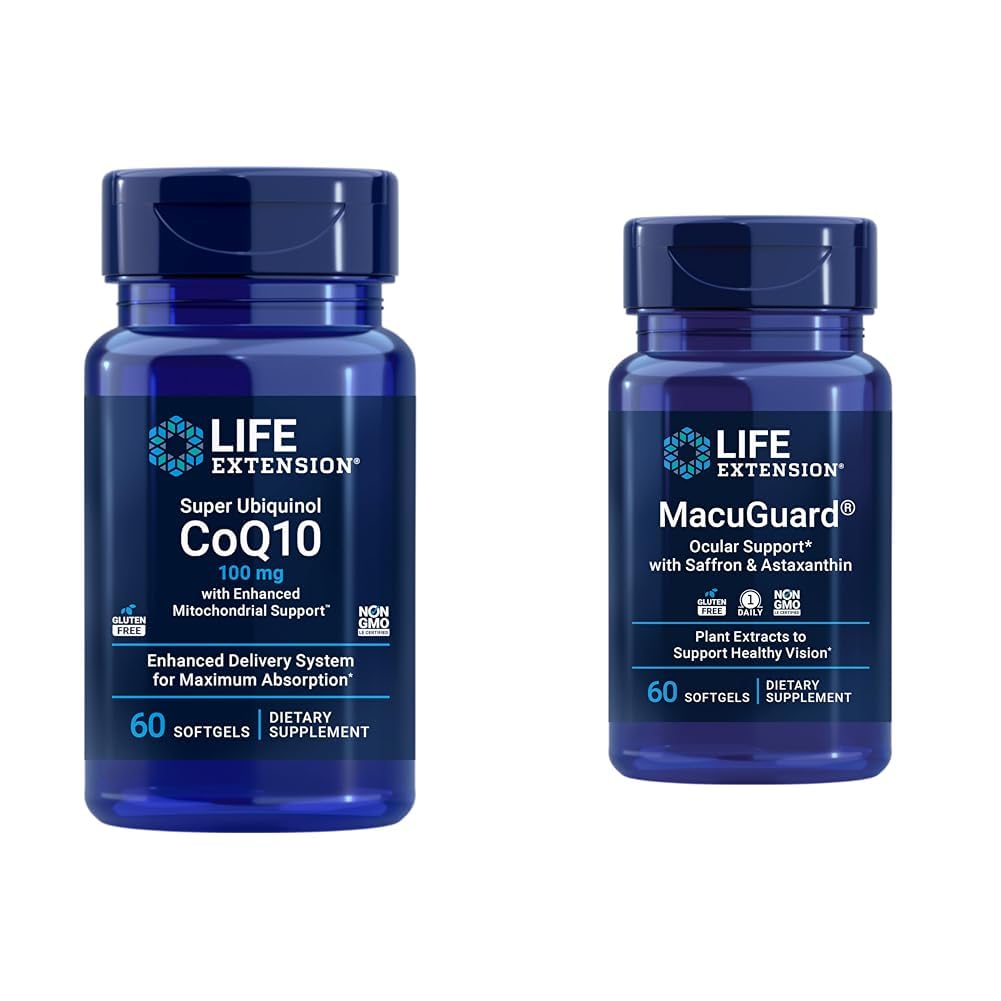 Life Extension Super Ubiquinol CoQ10 Heart Health Celularna energija 60 Softgels & Macuguard Okular Podpora Lutein Zeaksantin Saffron Astaksantin Eye Health 60 Count