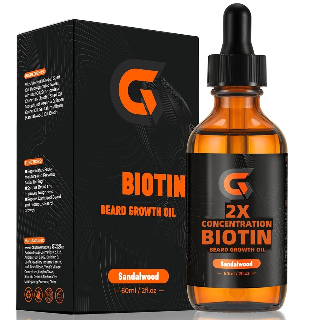 2X Koncentracija Biotin Beard rastno olje za moške - Leave-In Conditioner & Mehčalo - Vlaga, Debeline, Krepi & spodbuja rast obraza las - Organic Argan & Jojoba Oil - 2fl. Oz