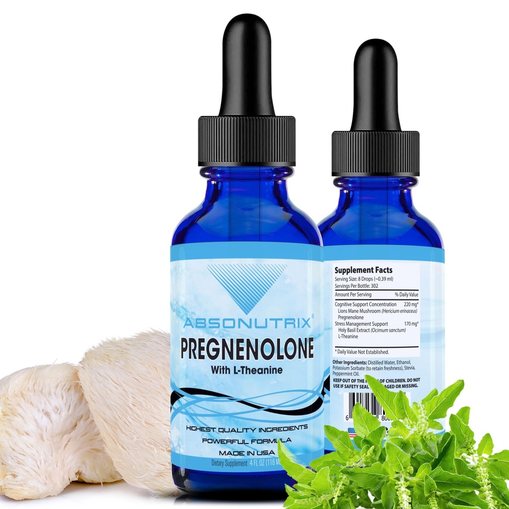 Absonutrix Pregnenolone z L-Theanine Advanced Formula 390 mg, 4 Oz Liquid, 302 Servings, Izdelano v ZDA, Hitra absorpcija, Kakovost Močne sestavine, Ne-GMO, GMP Certified Facility