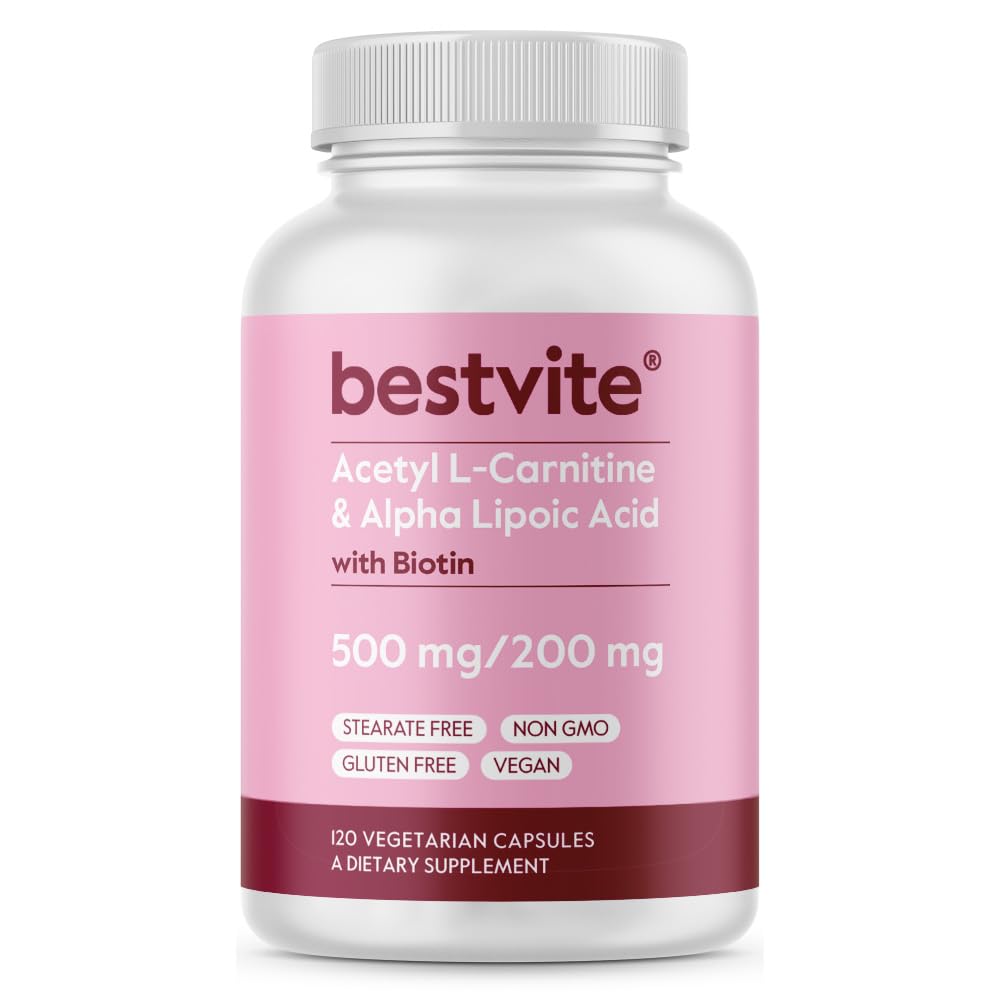 BESTVITE Acetil L- karnitin 500 mg & alfa lipoična kislina 200 mg na kapsulo z biotinom (120 vegetarijanskih kapsul) - brez stearat - vegan - brez GSO - brez glutena