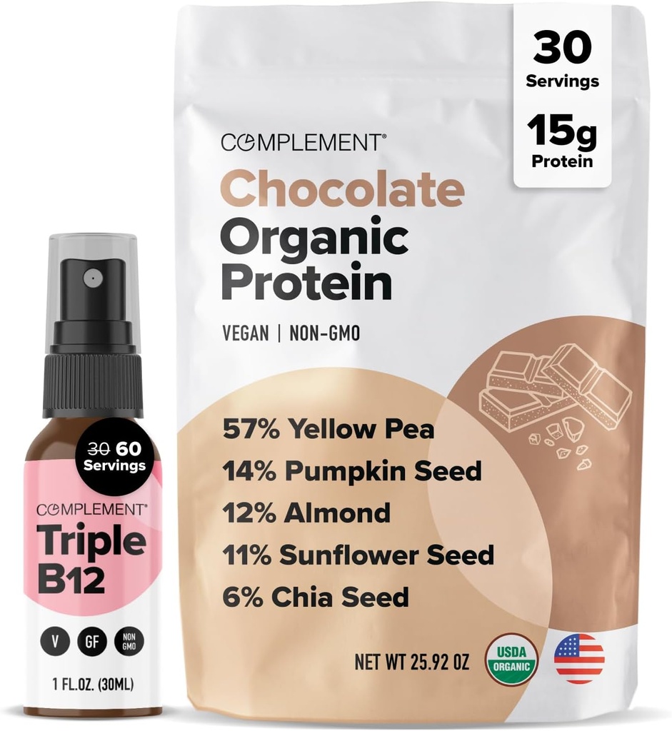 Dopolnjevanje organska čokolada Vegan Protein Powder & Triple B12 Spray paket – Rastlinske osnovi beljakovin in Essential B12 Dopolnitev za energijo in dobro počutje
