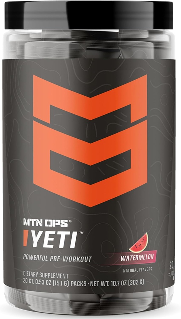 MTN OPS Yeti Trail Packs Predworkout Powder Energy Drink z kreatinom, 200 mg kofeina in BCAA z Beta Alaninom, 20-enotnimi servivi, lubenica