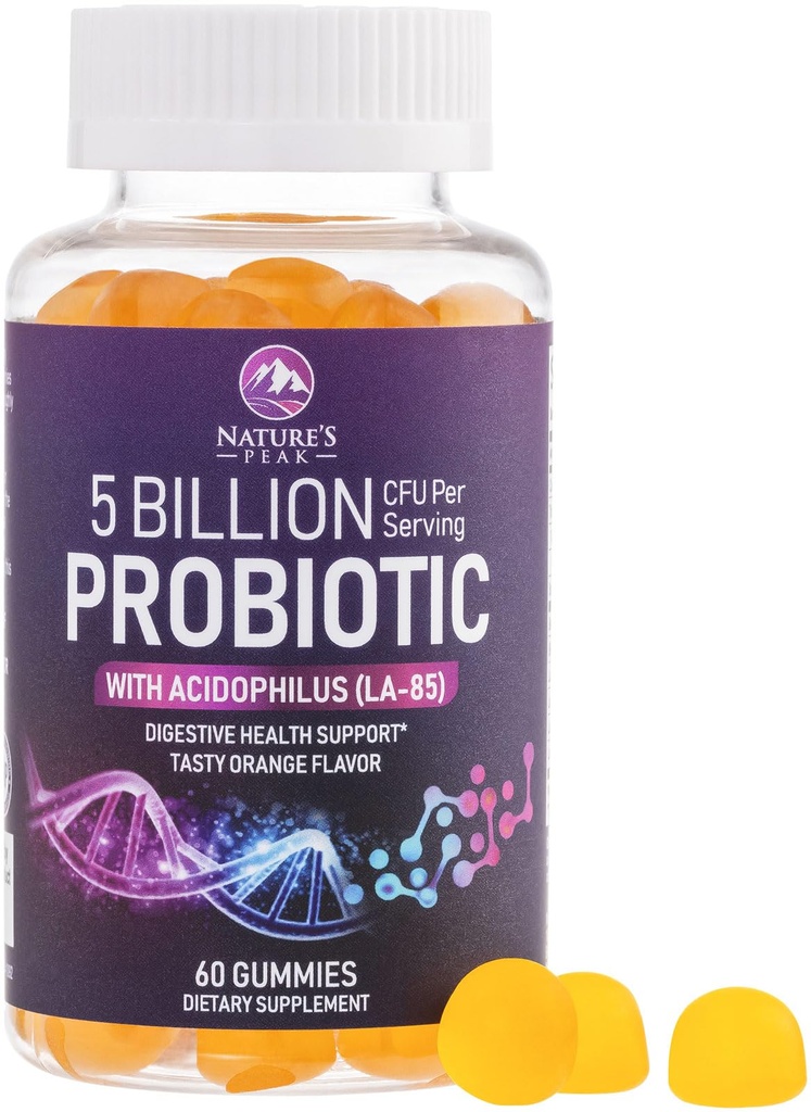 Probiotic Gummies 5 milijard CFU - Dnevni probiotični Gummy dodatek za ženske, moške in najstnike - Naravno prebavno zdravje, “dobro” Gut & Imuno podpora s 6 Pro Biotic sevi - Orange Flavor - 60 Count