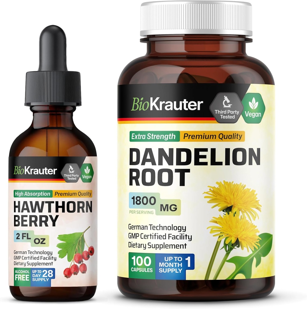 BIO KRAUTER Hawthorn Tinkture 2 Fl. Oz. & Dandelion 100 kapsul