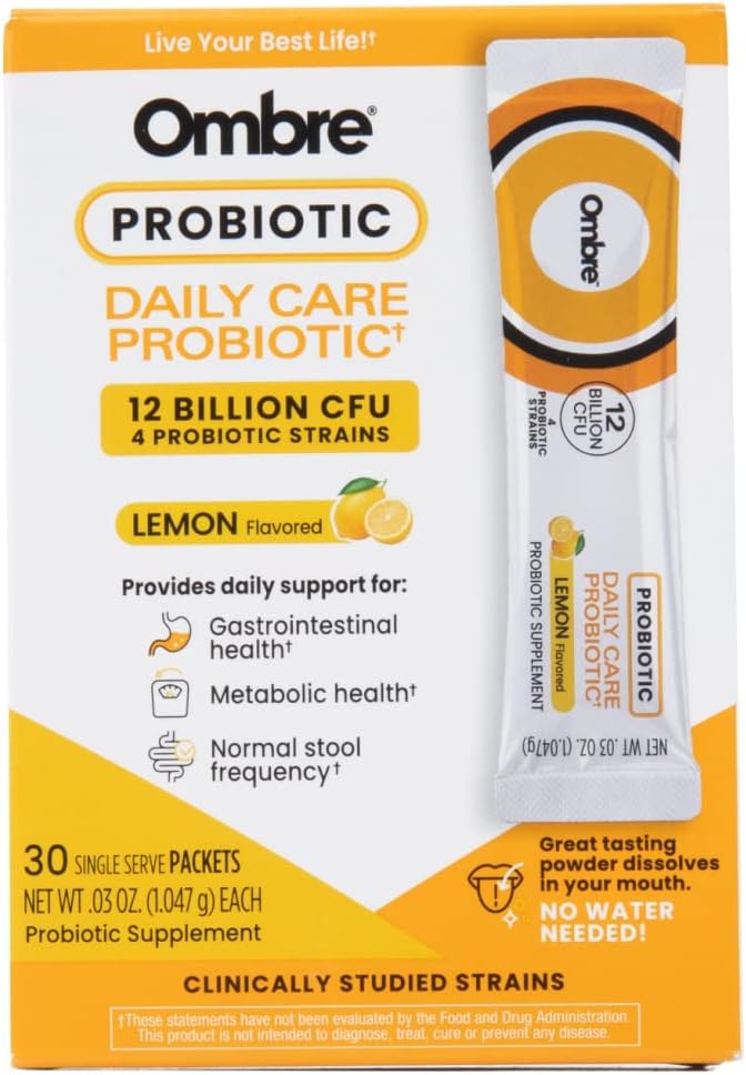 Ombre Daily Care Probiotic Powder - Prebiotiki in probiotiki za ženske, moške, & otroke - Hitro raztapljanje prahu spodbuja prebavno zdravje in splošno Wellness - 12 milijard CFU - Lemon Flavor, 30 Packets