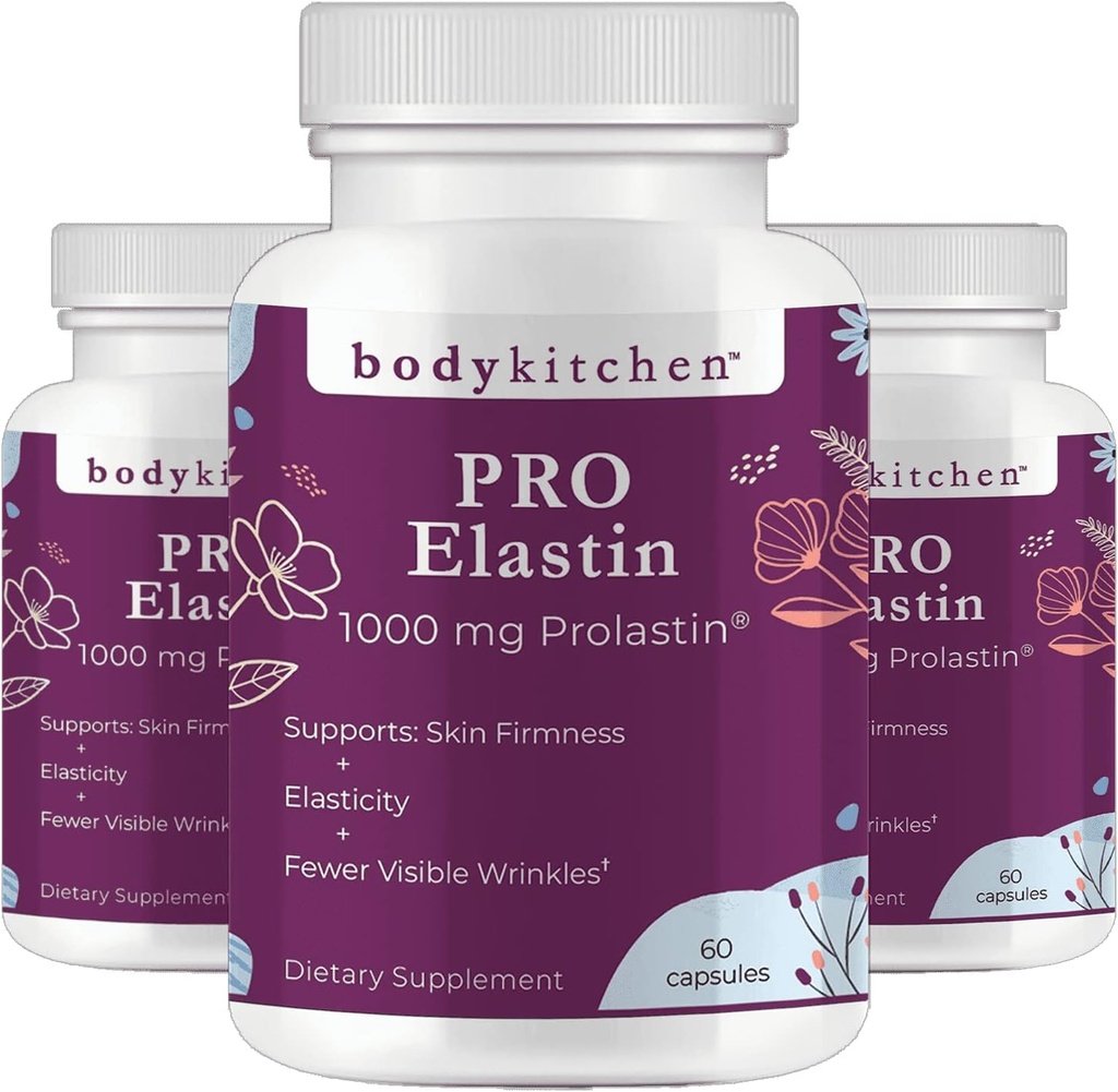 Body Kitchen Pro-Elastin 1000 mg Elastin dodatek, zmanjšanje znakov staranja, izboljšano zdravje kože, čvrstost in elastičnost, manj gube, Veggie Caps (Pack 3)