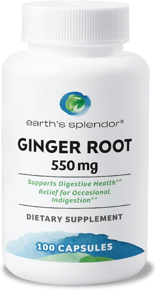 Zemljin Splendor Ginger Root 550 mg dodatek za moške in ženske, podpira prebavno zdravje, brez umetne barve ali konzervansov (550 mg, 100 kapsul)
