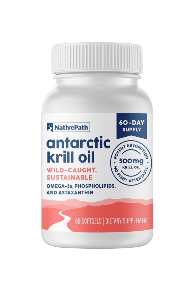 NativePath Antarktika Krill Oil - Wild-Caught Omega 3 Krill Oil 500mg Mehkužci z EPA, DHA in Astaksantin - Dodatek za skupno, srce, možgane in imuniteto - 60 ct - Brez ribjega pookusa