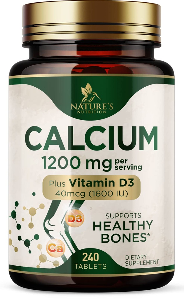 Kalcij 1200 mg z vitaminom D3 - dodatek za zdravje kosti, dodatek vitamina D in kalcija za ženske in moške - moč kosti, podpora zob in imunskega sistema, naravne kalcijeve tablete, ustekleničen v ZDA - 240 tablet
