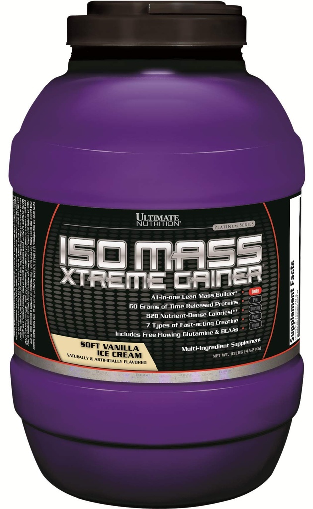 Ultimate Nutrition ISO Mass Xtreme Gainer, Hujšanje Protein Powder s kreatinom, 60 Gram beljakovin, sirotkinega izolata Protein Powder for Lean Muscle Gain, 10 LBS s 30 Serving, Vanilla sladoled