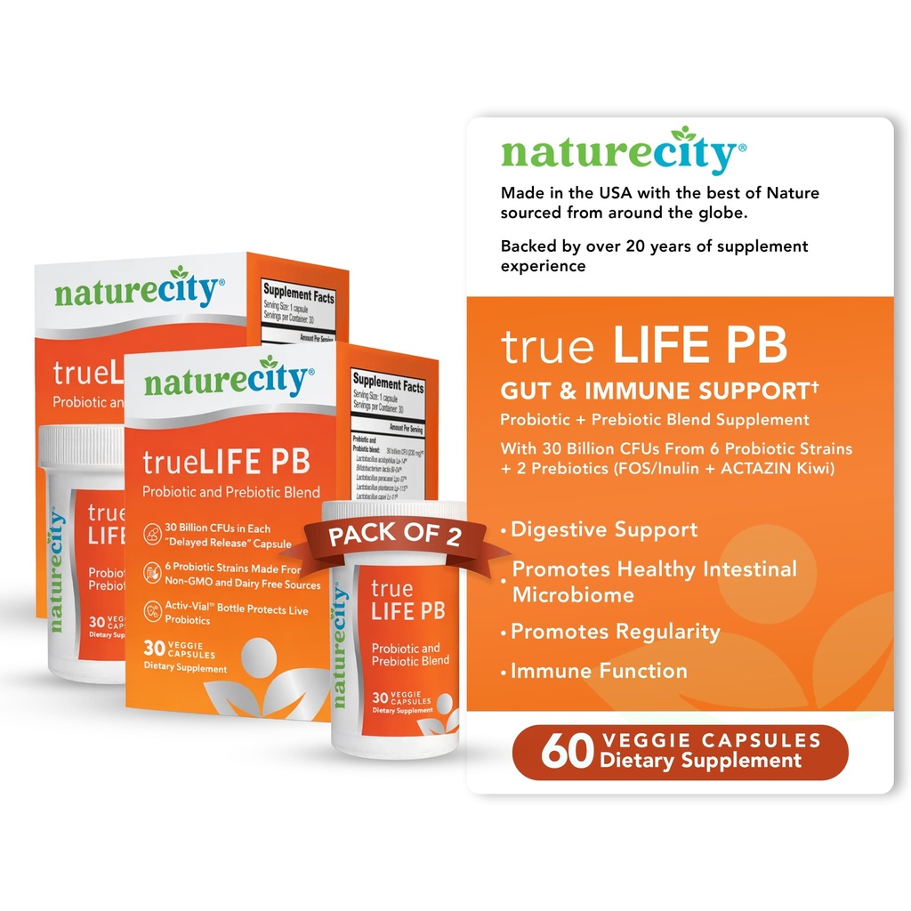 NatureCity True-Life-PB Shelf Stable Blend Prebiotics and Probiotics for Women and Men - Digestive Gut Health Supplements for Women and Men - Dairy Free - (60 Veggie Capsules)