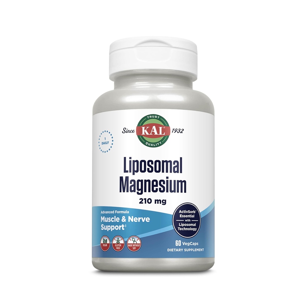 KAL liposomski magnezijev oksid 210 mg visoka absorpcija, liposomska tehnologija, podpora mišicam esencial, napredna formula, veganske kapsule, brez glutena, brez soje, 60 servivov