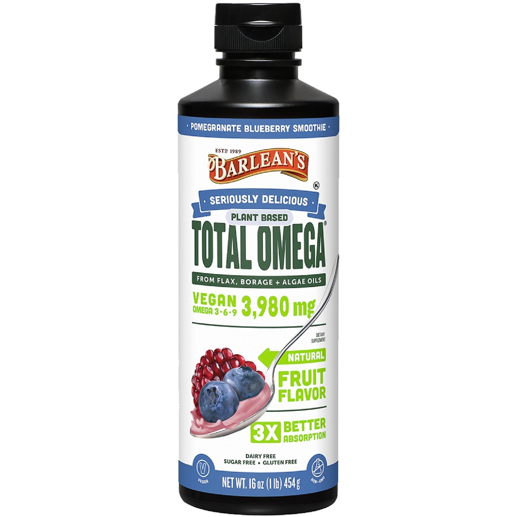Barleanovo tekoče laneno seme, borage in olja alg Omega 3 dodatek, borovničeva aroma, vegansko EPA in DHA, laneno in borage olje s 3.980 mg Omega-3-6-9, 16 oz