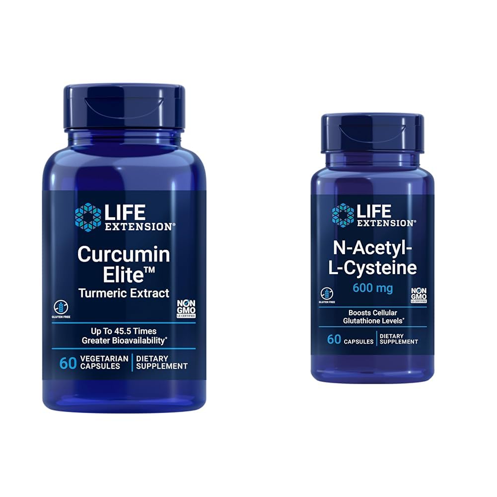 Life Extension Curcumin Elite Turmeric Extract & N- Acetil-L-Cysteine (NAC), Imuni, dihala, zdravje jeter, NAC 600 mg, Močni antioksidant Podpora, Prosti radikali, Enostaven za absorbcijo, 60 kapsul