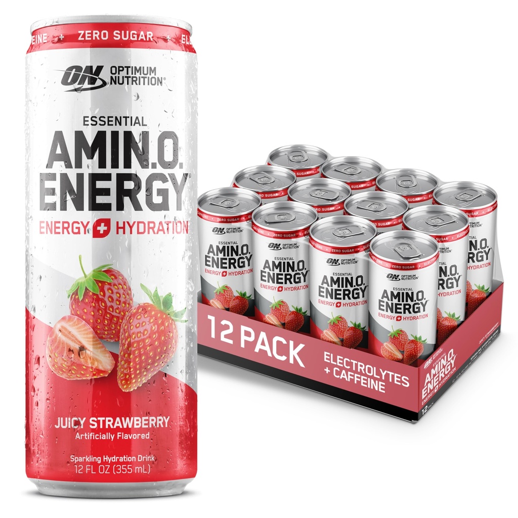 Optimum Nutrition Amino Energy Sparkling Hydration Drink, Elektroliti, Kofein, Aminokisline, BCAA, Brez sladkorja, Juicy Jagoda, 12 Fl Oz, 12 Pack (Packaging May Vary)
