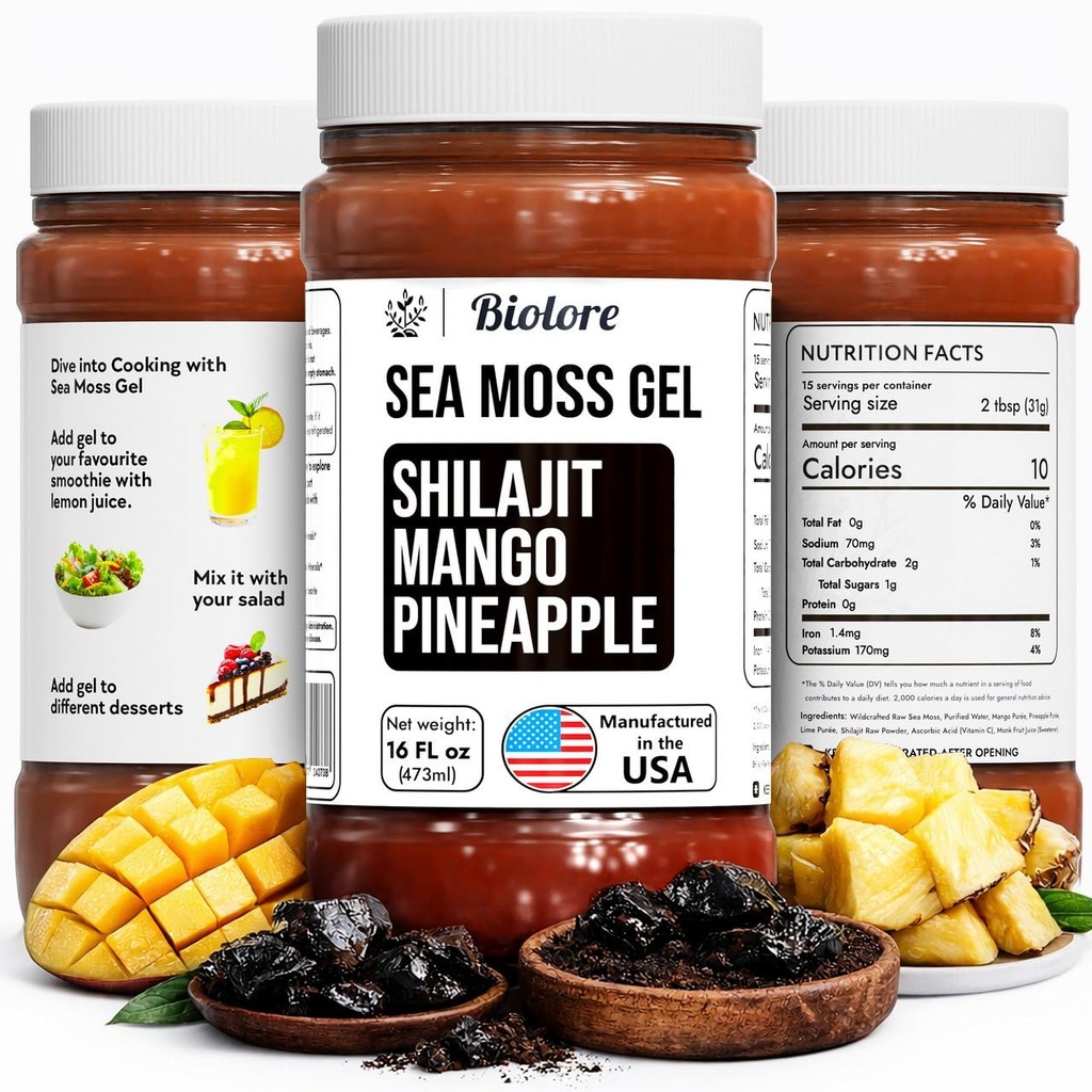 Biolore Wildcrafted Sea Moss Gel s Shilajit - Mango Pineapple 16 oz - Flavored Sea Moss Gel z Essential Vitamins & Trace Minerals - Veganska Superfood - Izdelano v ZDA, Gluten-free, Brez dodanega sladkorja