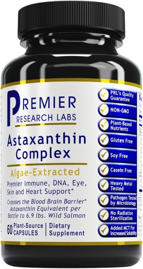 Premier Research Labs Premier Astaksantin Complex - dodatki za astaksantin, astaksantin 4 mg na kapsulo, pridobljen iz alg, antioksidantna podpora za ženske in moške - 60 vegetarijanskih kapsul