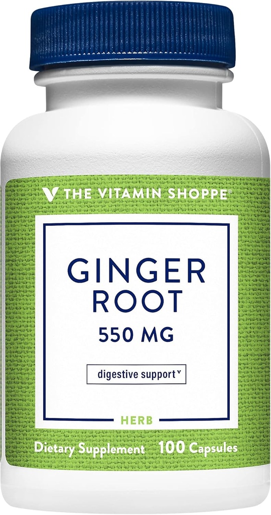Vitamin Shoppe Ginger Root 550MG, celoten zeliščni dodatek, ki podpira prebavljanje in pomirjanje (100 kapsul)