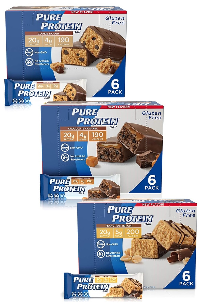 Čiste proteinske čokoladice, visoke beljakovine, hranilni prigrizki za podporo energije, nizek sladkor, brez glutena, brez krivde varietete Pack (Cookie Dough/Choc Caramel/Peanut Butter Cup), 1,76 oz, pakiranje po 18