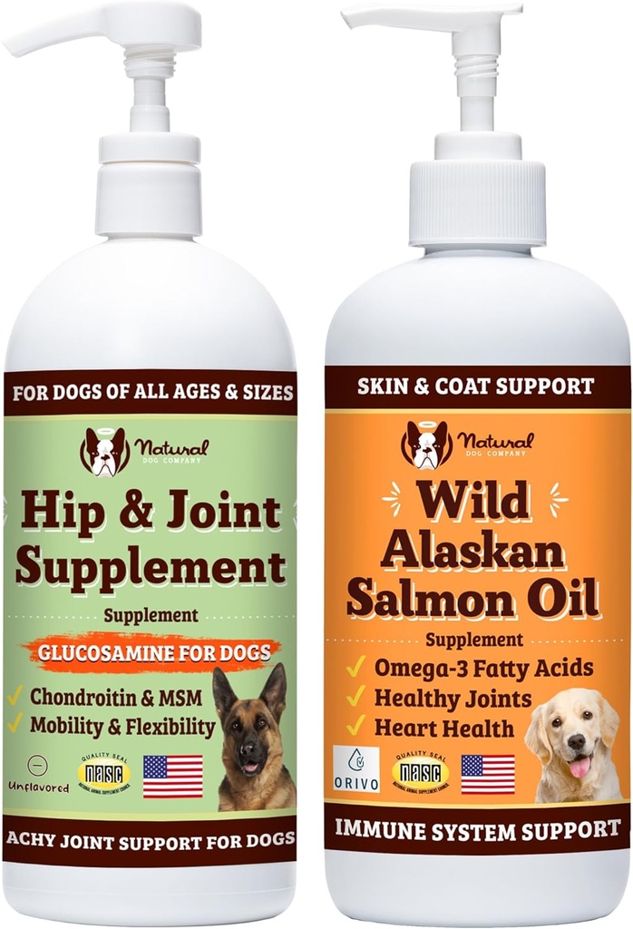 Natural Dog Company 32 oz. Sveženj z divjim aljaškim lososovim oljem in tekočim glukozaminom za pse, dodatek ribjega olja, skupna podpora in podpora za Hip