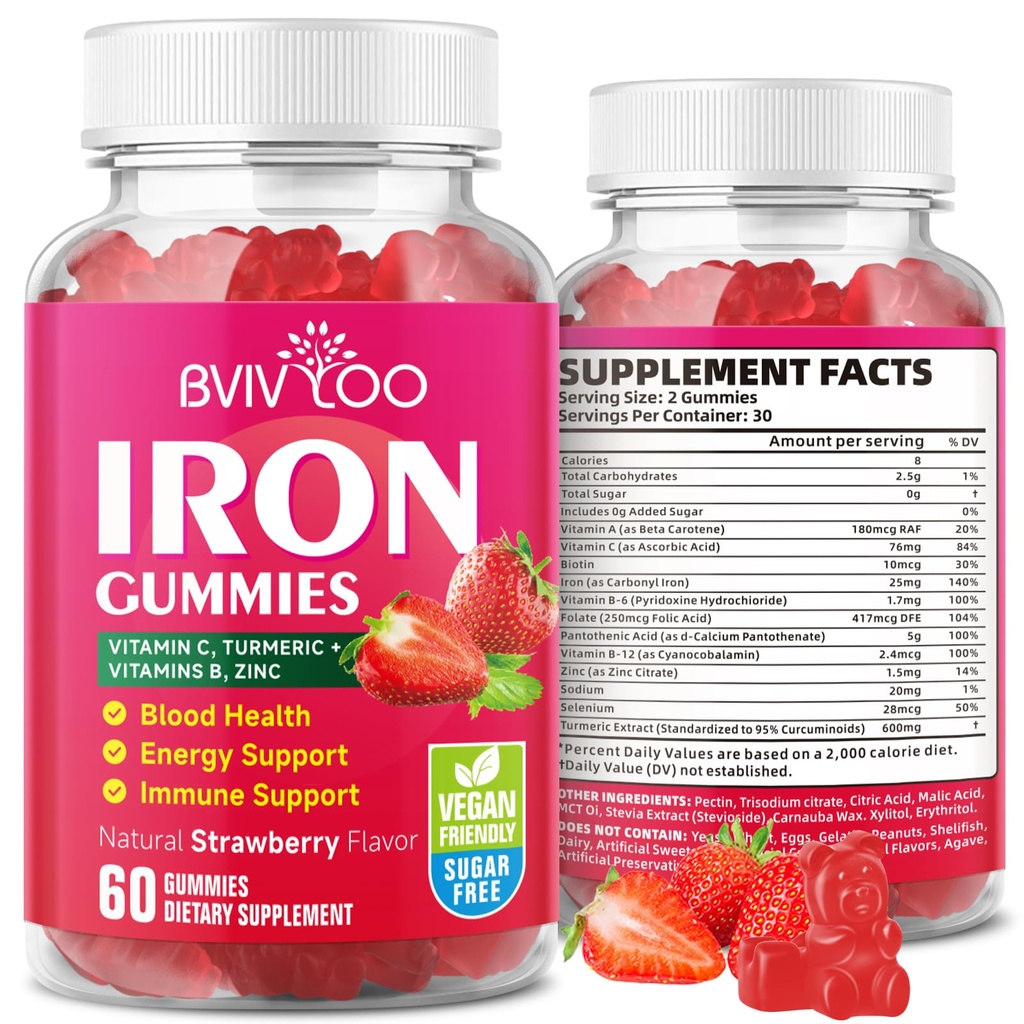 Veganske železne žvečilke za odrasle in otroke - z vitaminom C, A, B-kompleks, Folat, cink, in Biotin - za izgradnjo krvi in energetsko podporo, 60 Gummies
