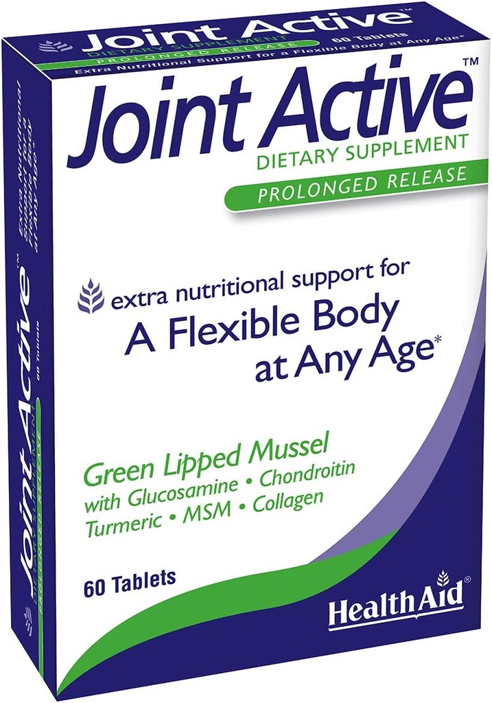 Healthaid Jointactive, 60 Ct, podaljšana sprostitev, Fleksibilno telo v kateri koli starosti, Zelena lisasta mussel, z glukozamin, Chondroitin Tumeric, MSM, Collagen.