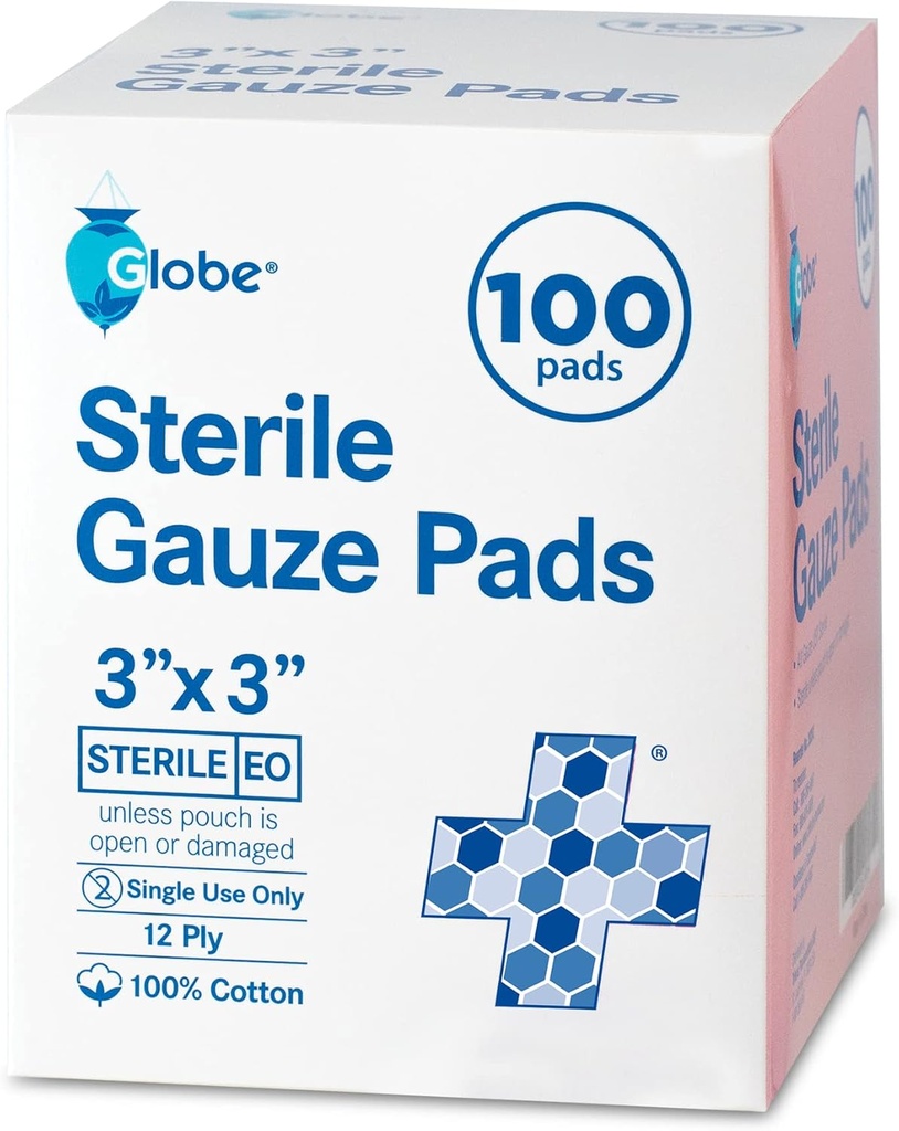 Globe 3' x 3' Advanced Sterile Gaze Pads, 100-Pack individualno pakiran - 12-Ply Cotton za obleko za nego ran, zelo Absorbent Bandages za domov in urgentno uporabo - Travel & First Aid Kit bistvenega pomena