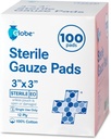 Globe 3' x 3' Advanced Sterile Gaze Pads, 100-Pack individualno pakiran - 12-Ply Cotton za obleko za nego ran, zelo Absorbent Bandages za domov in urgentno uporabo - Travel & First Aid Kit bistvenega pomena