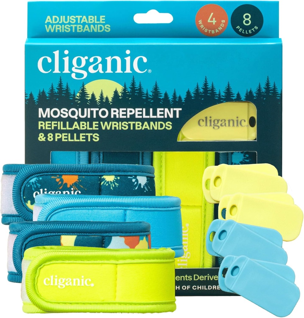 Cliganic Mosquito Repelent Pack (4 Zapestnice + 8 Ponovno polnjenje Pellets) - Nastavljiv, naravni DEET-free, Essential Oil Infused