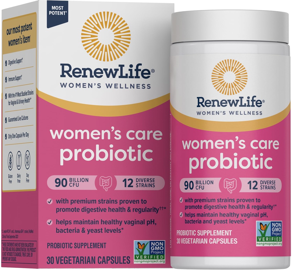 Renew Life Ženske probiotične kapsule, Podpira pH ravnovesje za ženske, vaginalne, urinske, prebavne in imunskega zdravja, L. Rhamnosus GG, Mlekarna, Soja in Gluten-free, 90 milijard CFU - 30 Ct