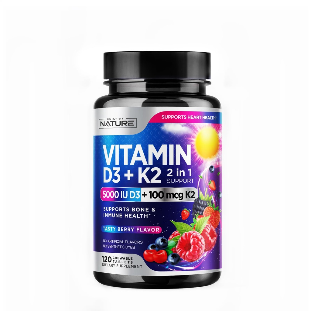 Vitamin D3 K2 – žvečljivi vitamin D 5000 i.e. & K2 MK-7 100 mcg – 2 v 1 Vitamin D K2 dodatek žvečenje - Imunska, srčna, in kostna podpora – ne GSO - Okusna Berry aroma - 120 žvečljive tablete
