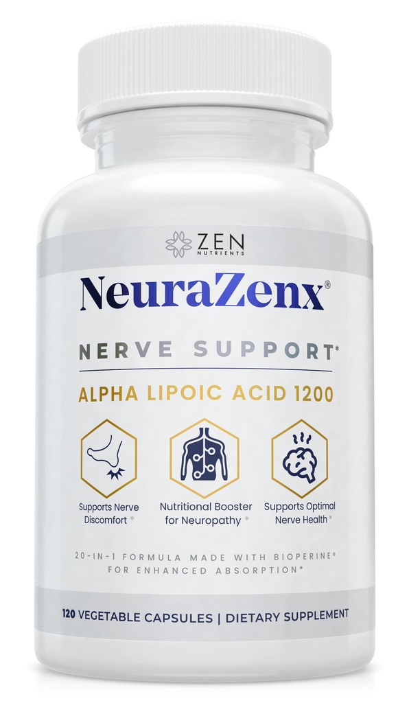 Zen Nutrients NeuraZenX Nervi Support & Periferna nevropatija Podporni dodatek s 1200mg alfa lipoična kislina (ALA), Benfotiamin, L-karnitin in Kurmeric