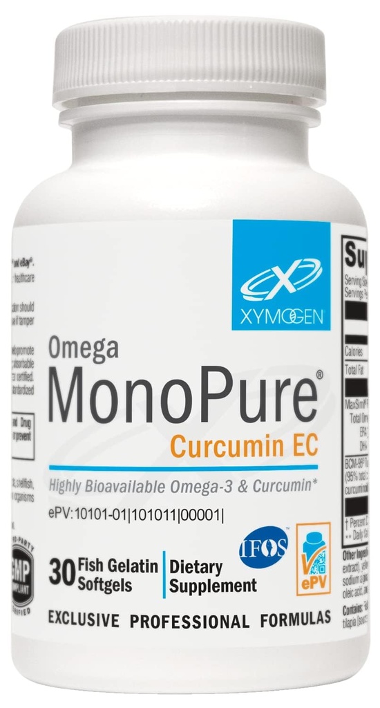 XYMOGEN Omega MonoPure Curcumin EC - Ribje olje z izboljšano DHA EPA Absorpcija + Kurmonski ekstrakt - Omega-3 dodatek za podporo za ravnotežje citokine (30 kapsul)