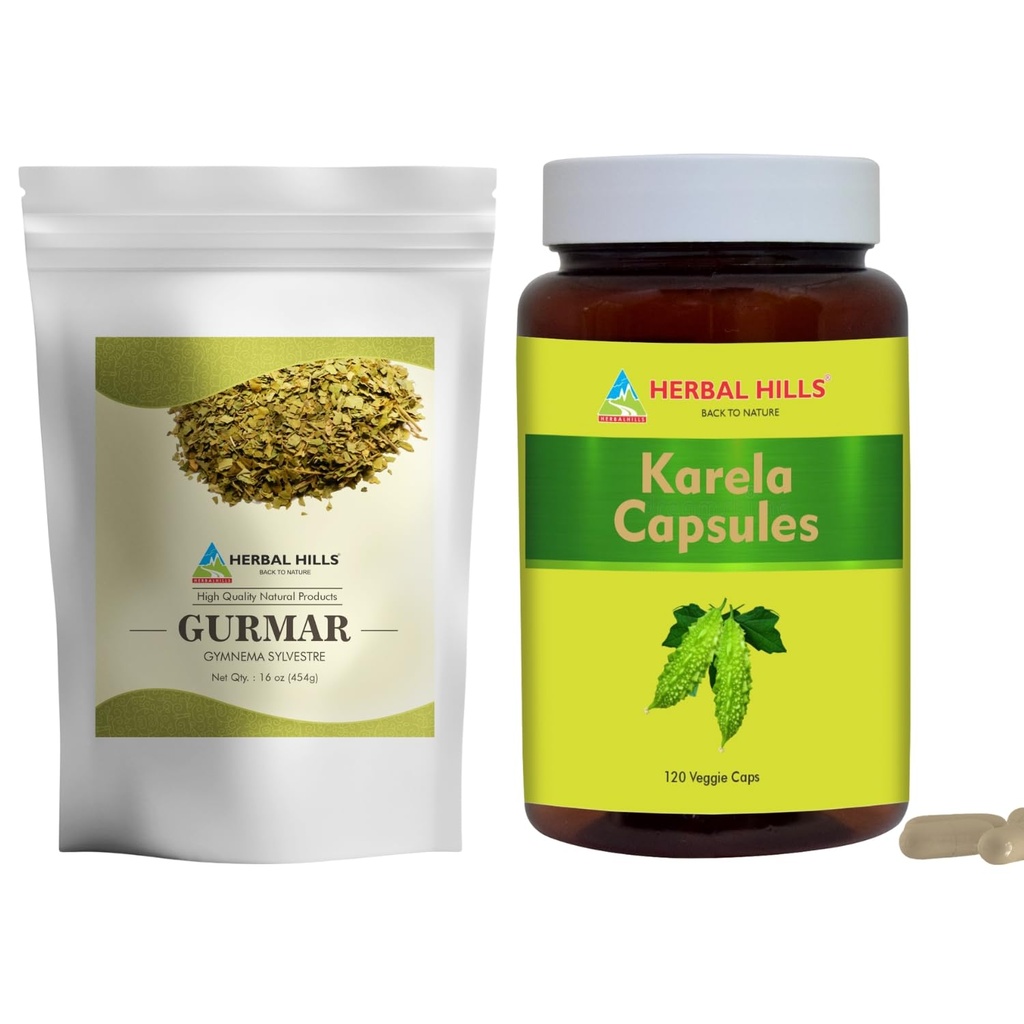HERBAL HILLS Gurmar čaj v prahu in Karela kapsule v pakiranju po 2 kapsuli
