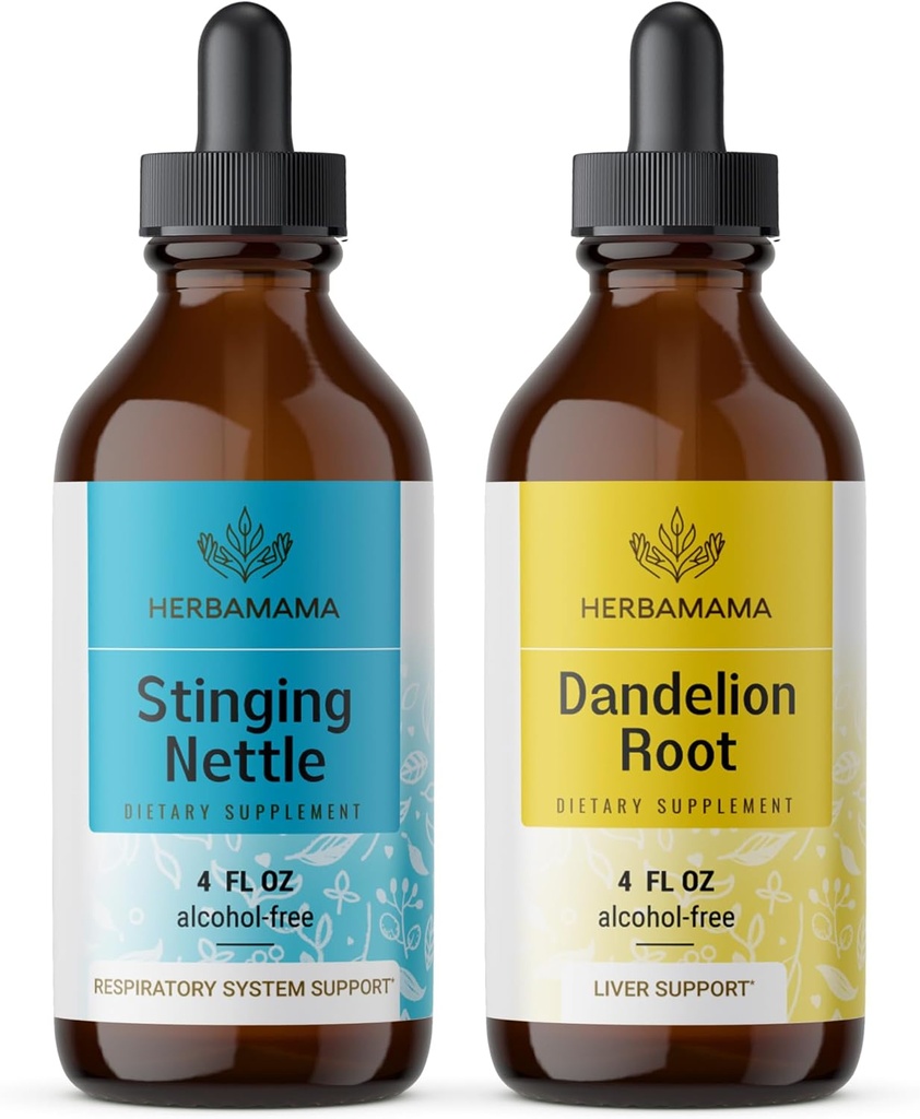 HERBAMAMA Zeliščne tekoče kapljice komplet - Skodelica stinging koprive & Dandelion Root Tinkture 4 fl oz - Vegan, Non-GMO, Sugar & Alkohol-free - 2 paket