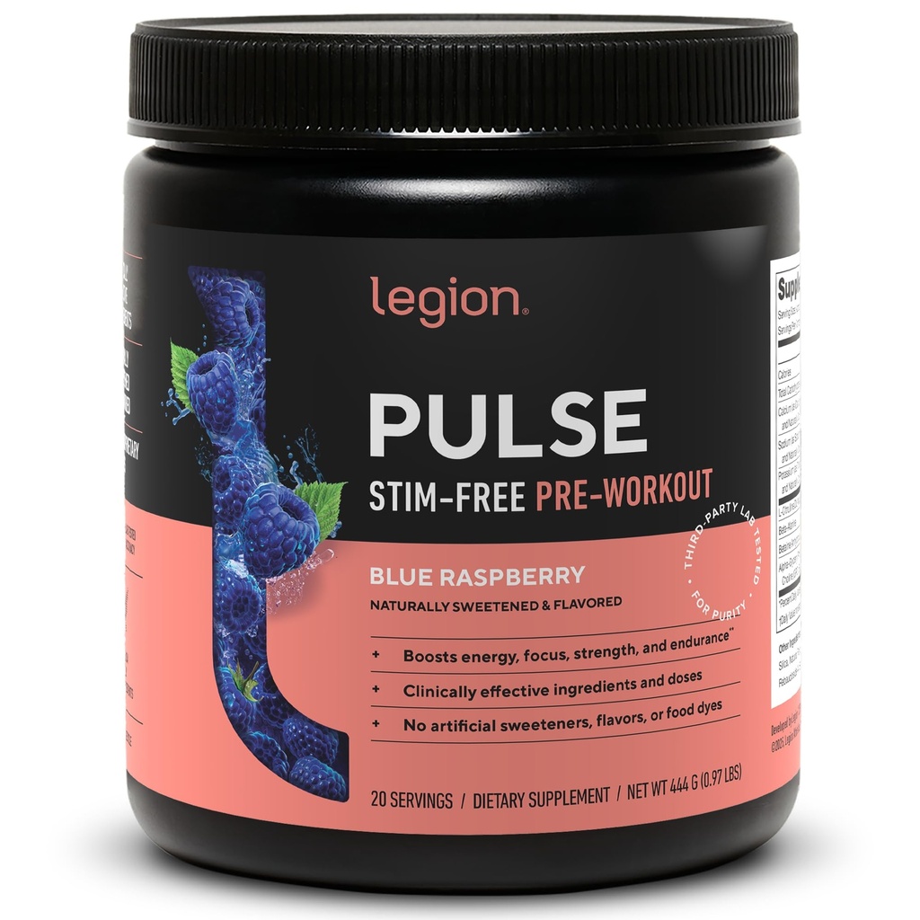 LEGION Pulse Pre Workout dodatek - Vse naravne dušikov oksid Preworkout pijača za povečanje energije, Kreatin brezplačno, naravno sladkan, Beta Alanin, Citrulin, Alpha GPC (Kafein brezplačno modra Razz)