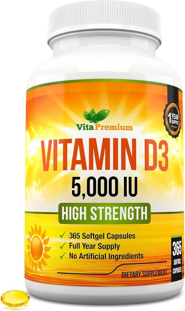 Vitamin D3 5000 i.e., 365 Easy-Swallow Softgels, Visoka trdnost Vitamin D 5000 i.e. dodatek - celoletno oskrbo