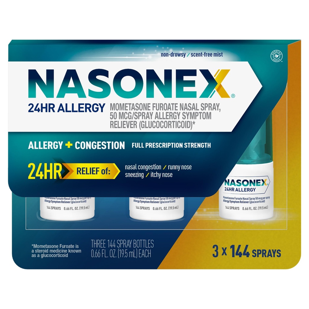 Nasonex 24HR alergija pršilo za nos, neumiljiva, scent-free mist, alergija simptomi + nosna prebavnost, polna moč recepta, 120 pršila (3 pakiranje)