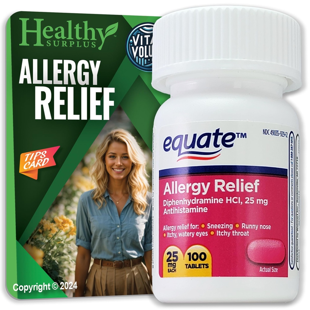 Healthy Surplus® Vital Volume Nasveti Kartica & Equate Alergy Relief Difenhidramin HCL, 25 mg 100 Tablete paket